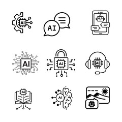 Artificial intelligence icon. Set of neural network, machine learning, brain, robot, AI, chat bot icons, AI technology icons 