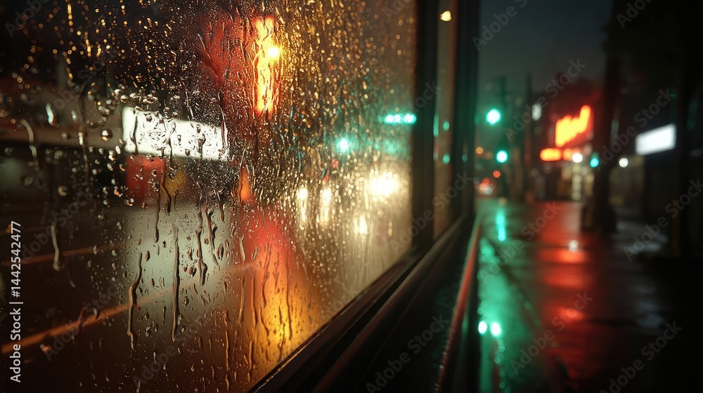 Poster raindrop on a window creating water texture and cityscape pattern concept. nighttime cityscape with 