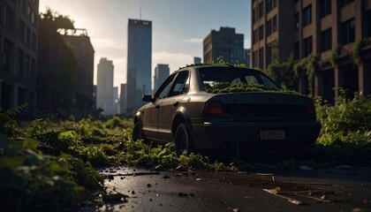 Una ciudad vacía, invadida por la vegetación. Las enredaderas crecen sobre rascacielos abandonados y el musgo cubre las calles. Un coche averiado está parcialmente enterrado bajo tierra y hojas.