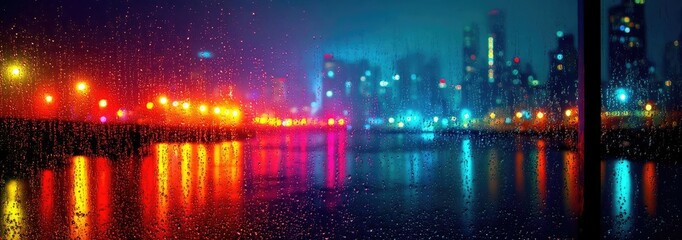 Fototapeta premium Raindrop on a window capturing landscape, water, and city mood concept. Stunning cityscape reflecting in the water during a rainy night.