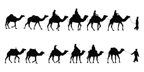 Silhouette of camel rider and camel lead in a long line, white background, isolated, vector illustration.