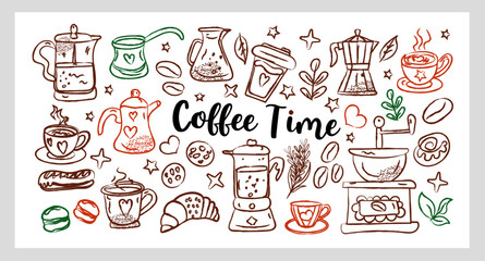 Coffee Time Set a cozy hand drawn line art chalk and charcoal vector collection featuring coffee cups, croissants, cookies, sugar cubes, and coffee.