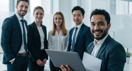 Business team of men and women in suits standing in office, smiling, digital tablet in hands. Corporate, teamwork, leadership, business, sale, service, education, horizontal banner
