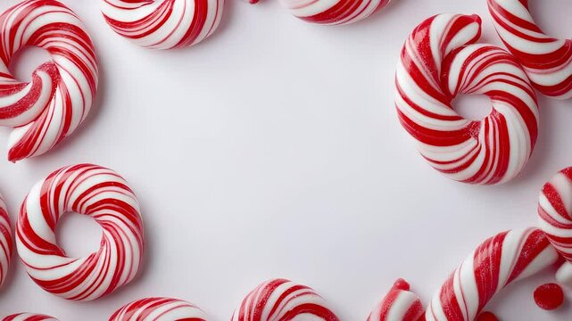 Red and white striped peppermint candy pieces arranged in a circular pattern on a white background. The candies are in focus, showing their twisted shapes and patterns.