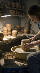 Young potter shaping clay on a wheel in a cozy studio  