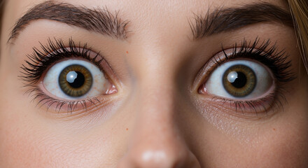 Fototapeta premium Caucasian woman with wide open eyes, closeup, brown background. Surprise, shock, fear, emotion, wellness, mental health, awareness, sale, horizontal banner