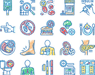 Diabetes Treatment set Icons hand drawn