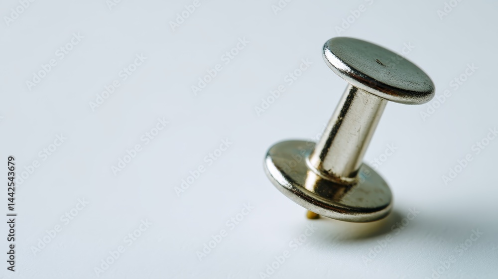 Poster close-up of a stainless steel thumbtack at a slight angle, reflecting light against a plain white ba
