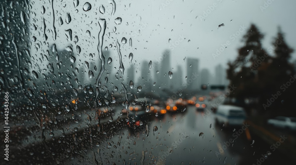 Poster raindrop on a window creating water texture and cityscape pattern concept. rainy day view through a 