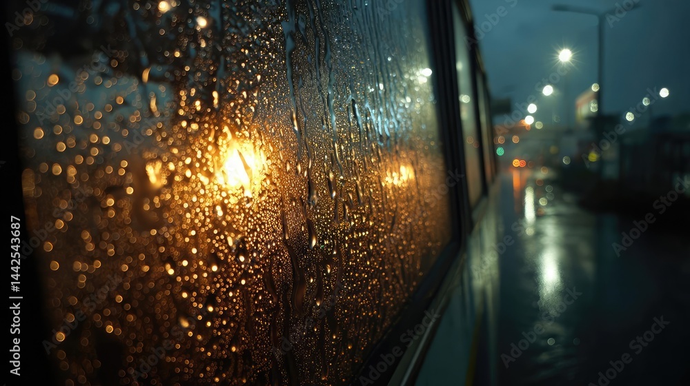 Poster raindrop on a window creating water texture and cityscape pattern concept. a close-up view of rain-s