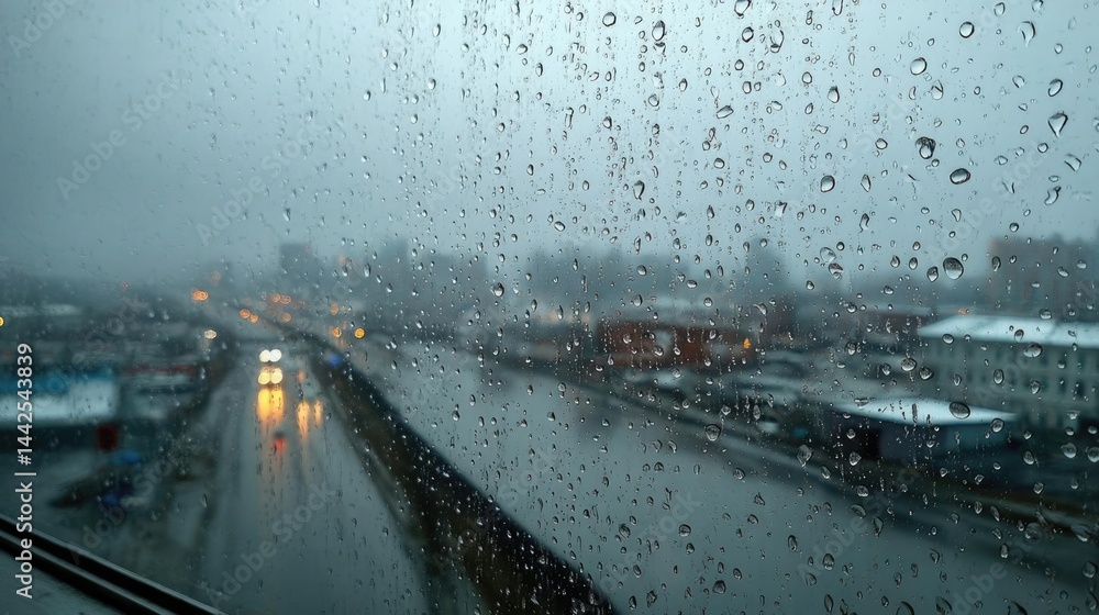 Poster raindrop on a window creating water texture and cityscape pattern concept. city view through rain-so