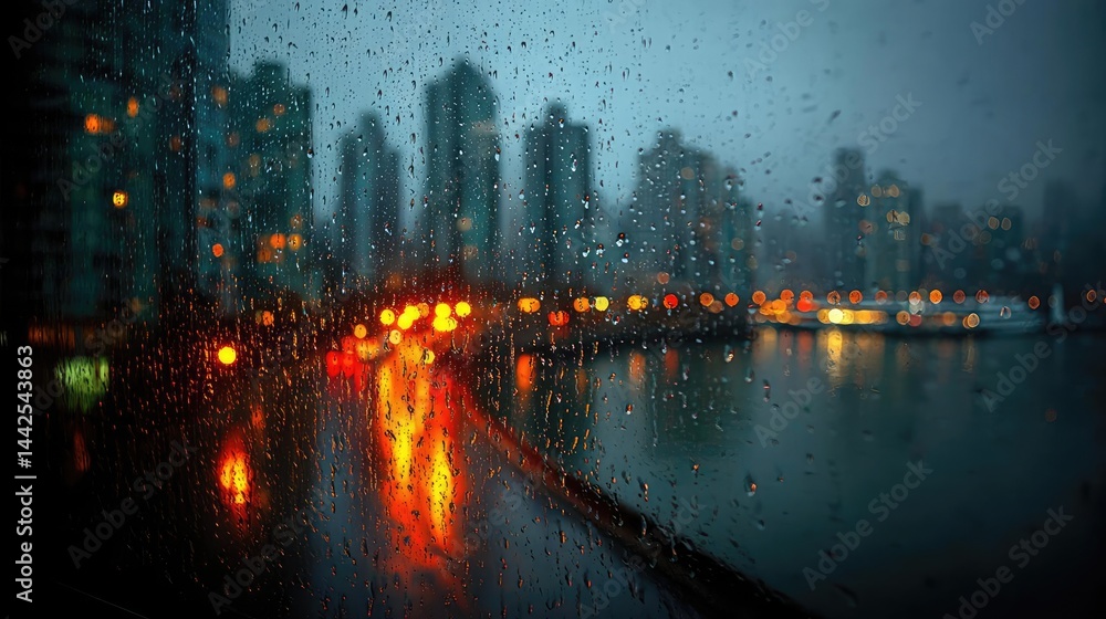Poster raindrop on a window creating water texture and cityscape pattern concept. rainy cityscape with ligh
