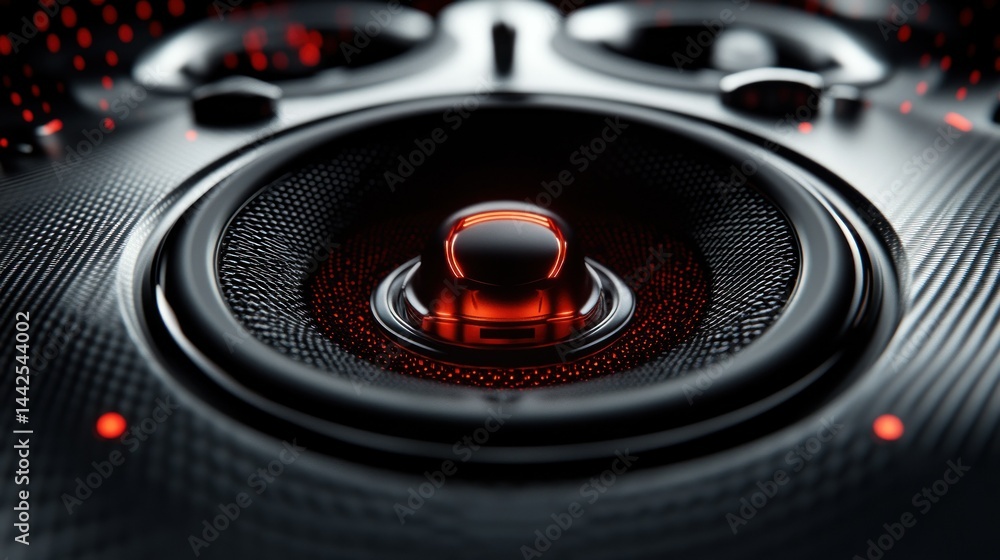 Poster a modern audio speaker with red illuminated elements is displayed
