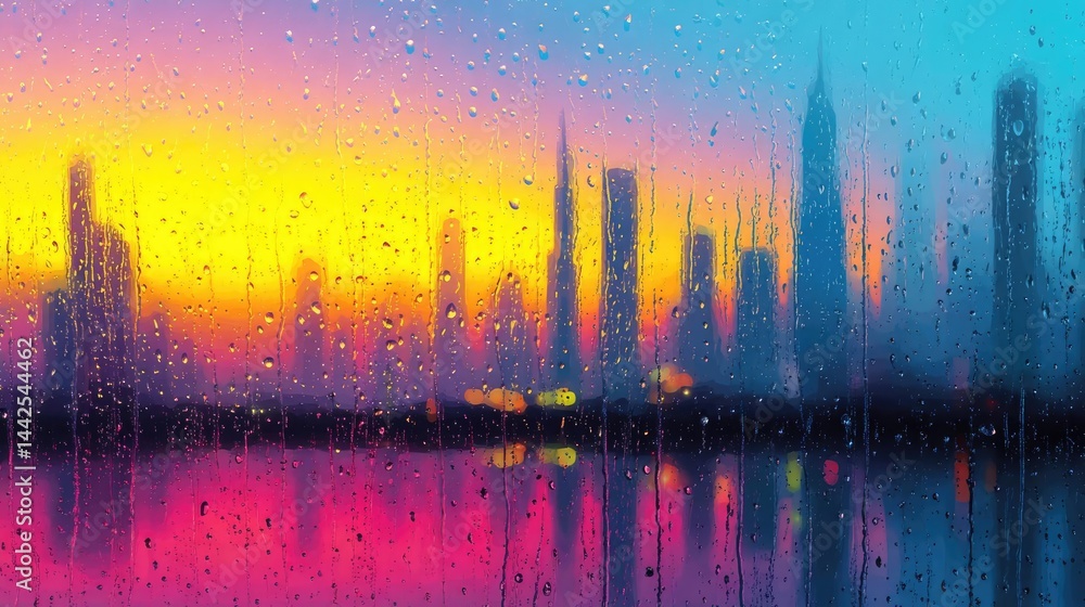 Poster raindrop on a window creating water texture and cityscape pattern concept. colorful city skyline ref