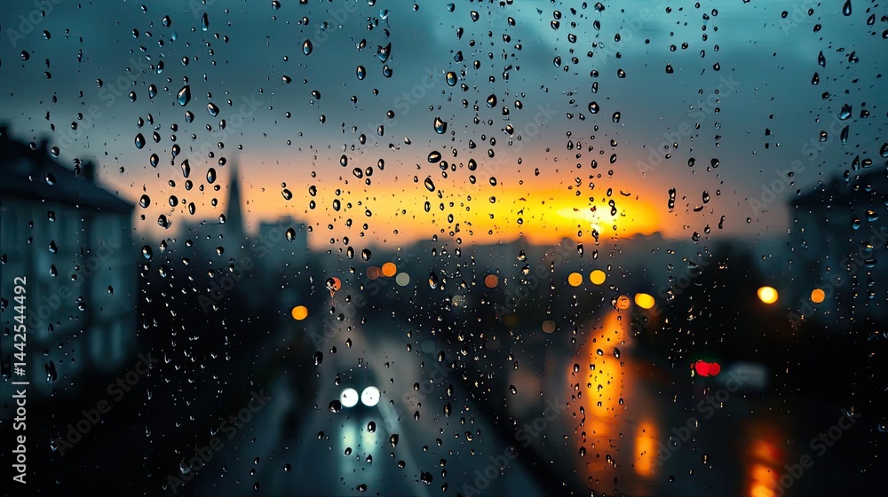 Poster raindrop on a window creating water texture and cityscape pattern concept. a serene sunset view thro