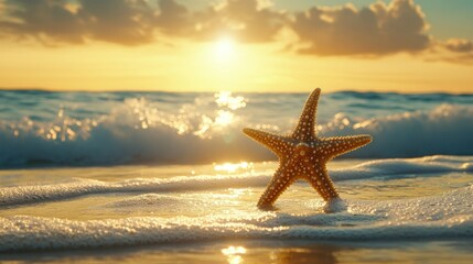 Fototapeta na wymiar A starfish stands in the shallow water at sunset on the beach