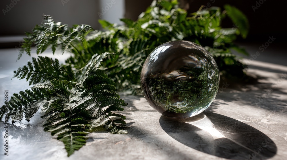 Aufkleber glass orb reflects sunlight and vibrant colors through various ferns, creating a beautiful interplay