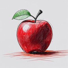 Red apple crayon childish sketch drawing on plain white background