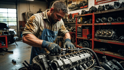 Naklejka premium A skilled mechanic meticulously repairs a vehicle engine in a detailed automotive repair shop.