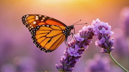 Fototapeta premium Macro Monarch Butterfly on Lavender at Dewy Sunrise