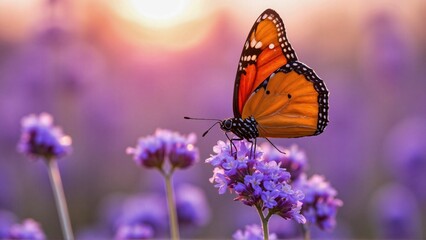 Macro Monarch Butterfly on Lavender at Dewy Sunrise