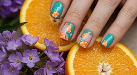 Orange Slice Nail Art: Fresh Summer Manicure Ideas with Fruit Designs and Turquoise Accents for a Zesty Nail Look