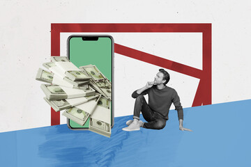 Composite artwork collage template sketch of smartphone display banknote finance market currency...