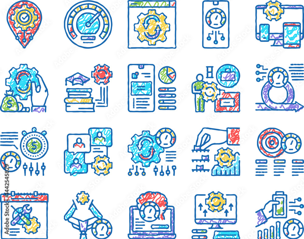 Poster optimize operations set icons hand drawn