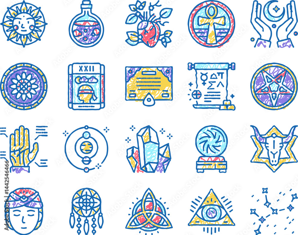 Poster astrological objects set icons hand drawn