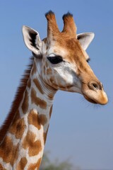 Fototapeta premium Discovering the Majestic Giraffe Standing Gracefully Amidst Lush Green Grass and Blue Skies