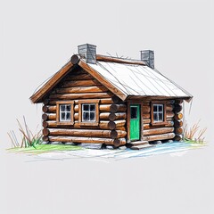 Brown log cabin crayon childish sketch drawing on plain white background