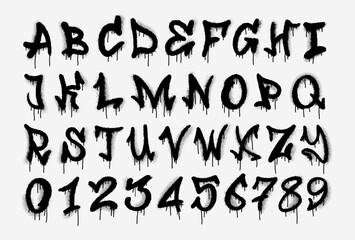 Black spray graffiti font. Urban alphabet, street art letters. Grunge drip print, fashion texture lettering splash, creative poster handwriting. Graffiti vector font spray grainy bold texture.