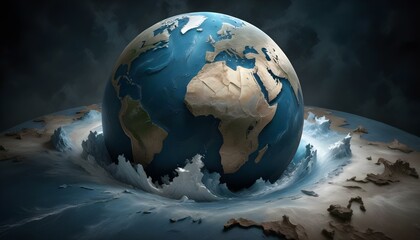 Conceptual artwork depicting earth rising from the water, conveying environmental themes vividly.