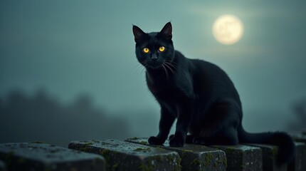 Obraz premium High-resolution stock photo of a sleek black cat with piercing, radiant green glowing eyes, sitting regally on a weathered, moss-covered ancient stone fence, set against a dramatic