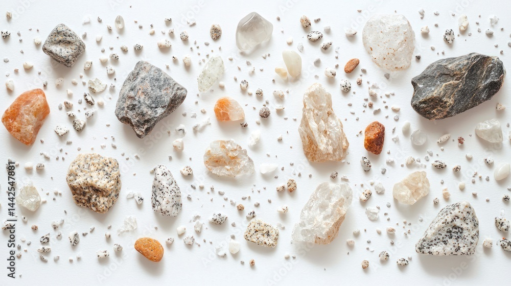 Poster set of small rocks of different textures scattered across a smooth sand surface on a white backgroun