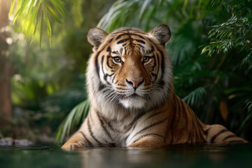 Fototapeta premium Stunning Close-up of a Majestic Tiger Lazing by the Riverbank in Its Vibrant Jungle Habitat
