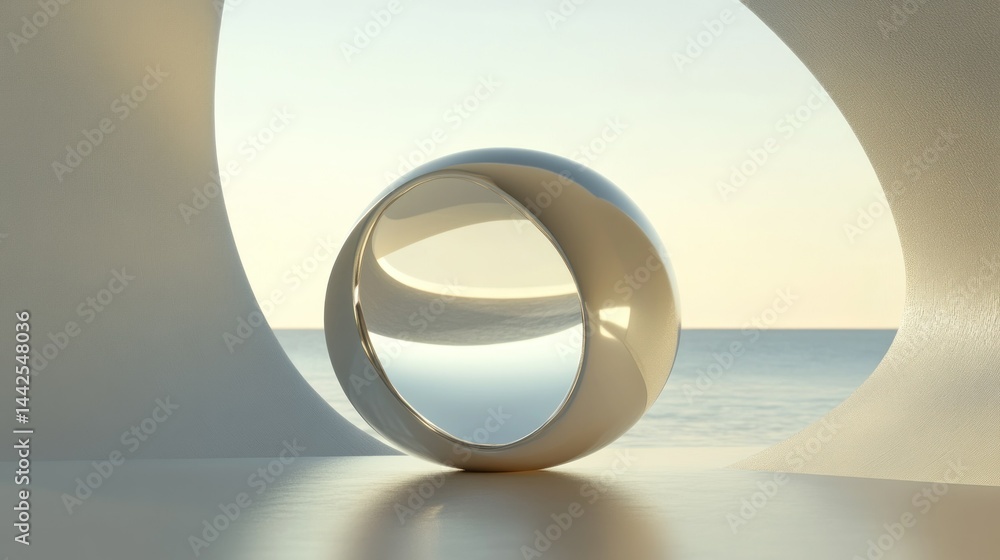 Poster a smooth reflective sphere sits beside an open architectural design