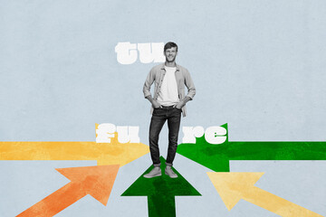Composite design trend artwork collage of happy businessman stand arrow development progress growth...