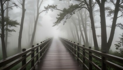Wooden bridge in a foggy forest leading into the unknown with an atmospheric and mysterious mood.