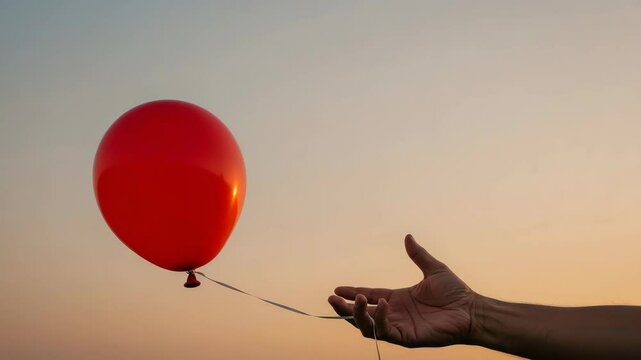 Letting Go of a Red Balloon at Sunset - A hand reaches out to a red balloon floating away against a soft sunset sky.  The image evokes feelings of letting go, freedom, or loss.