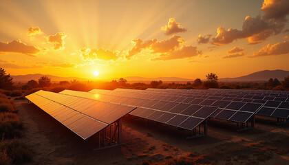 Solar panels in sunset light over a scenic landscape with glowing sky and clean energy concept
