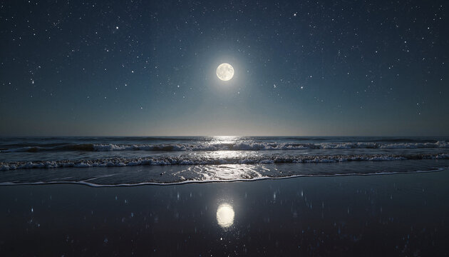Full moon over ocean waves at night with starlit sky and reflection on calm water surface

