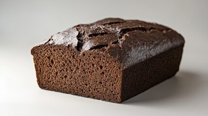 A dense dark rye bread with a cracked crust on a soft grey background