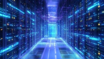 A futuristic data center corridor illuminated by vibrant blue and purple lights, showcasing rows of servers, with a digital interface visible in the background, symbolizing technology and innovation
