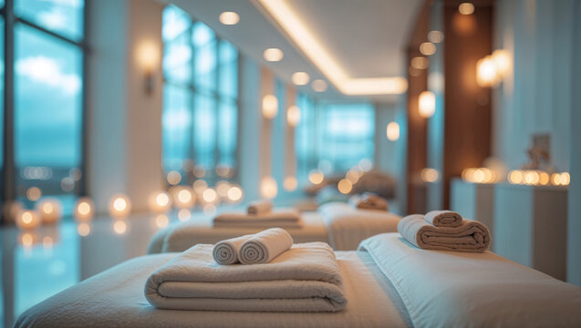 Serene spa interior with massage tables, soft lighting, and a calming ambiance for wellness and tranquility.