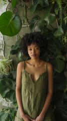 model in dill green linen dress, standing beside indoor plant wall, arms hidden behind body 