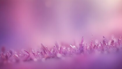 A close-up view showcases purple grass blades with glistening water droplets, capturing a dreamy scene.