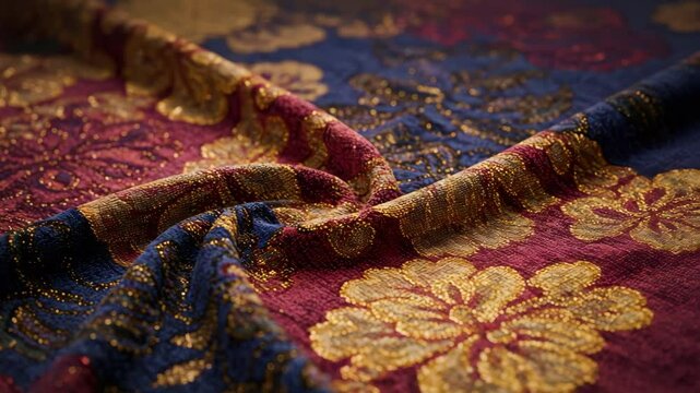 Luxurious Brocade Fabric Drape - Close-up shot of a richly textured brocade fabric in deep burgundy and navy blue