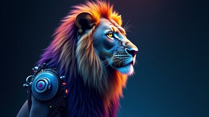 Fototapeta premium Portrait of a majestic lion with a fusion of natural and synthetic elements, showcasing a blend of organic fur and digital patterns reminiscent of circuits and motherboards