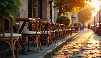 Empty outdoor cafe tables on cobblestone street at sunset